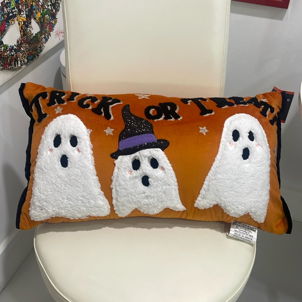 SALE! Halloween Town Orange/Black/Sparkly Silver "Ghosts Decorative Throw Pillow